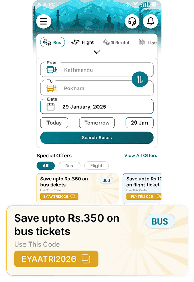 Eyaatri mobile app showing bus booking and travel search features