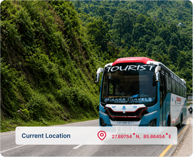Tourist bus traveling on a mountain road with live GPS location tracking